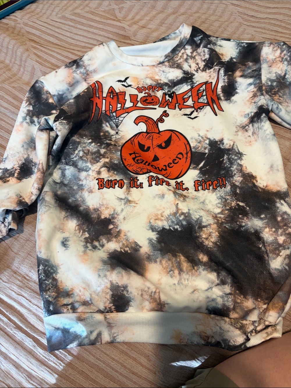 SHEIN Black White Tie-Dye Halloween Pumpkin Pullover Sweatshirt